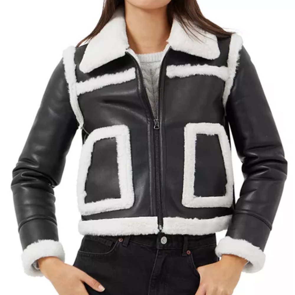 NWOT Bloomingdales Black faux Leather Jacket with White Shearling Fur Trim